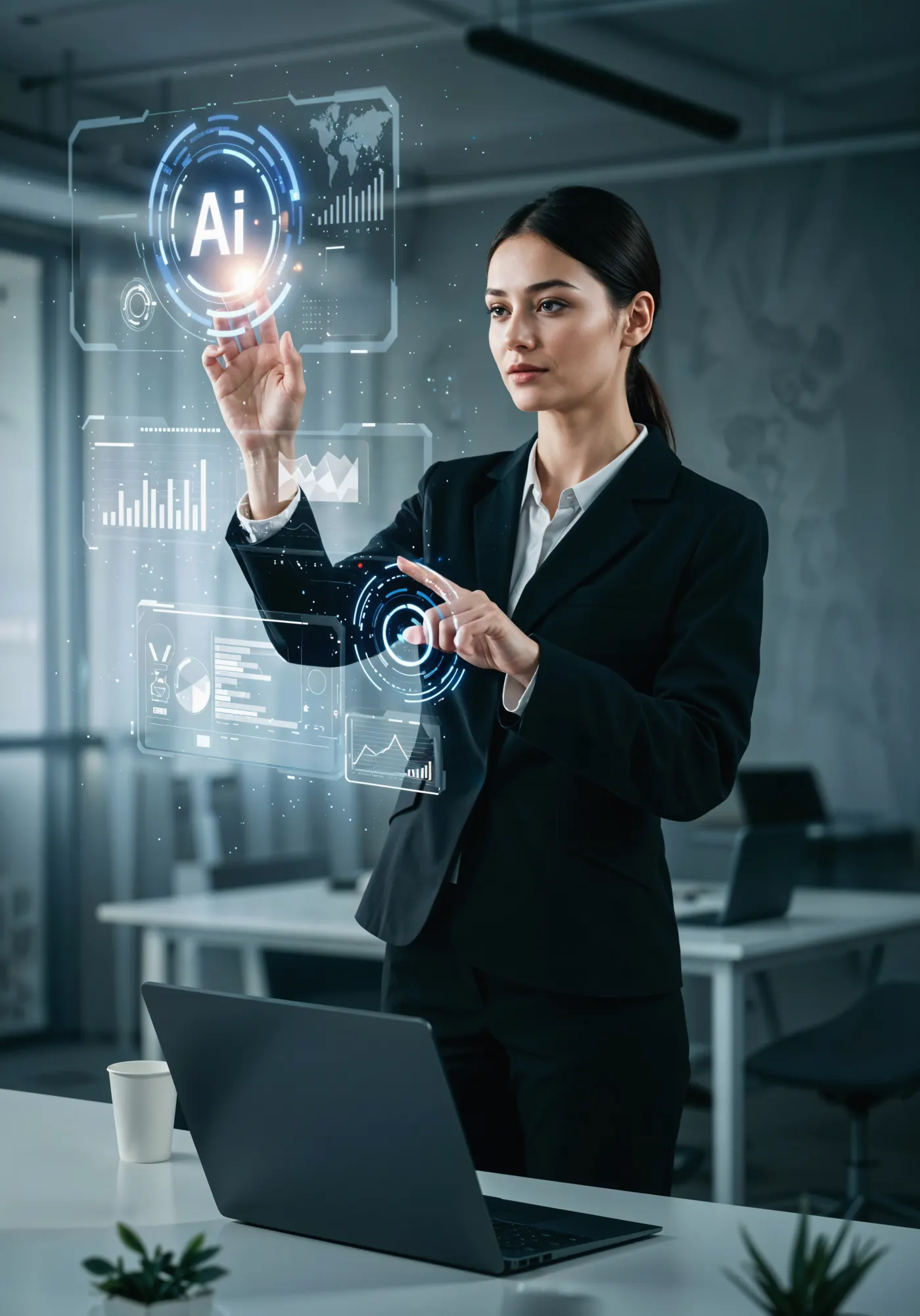 A businesswoman touches a floating display of charts and a world map above a laptop.