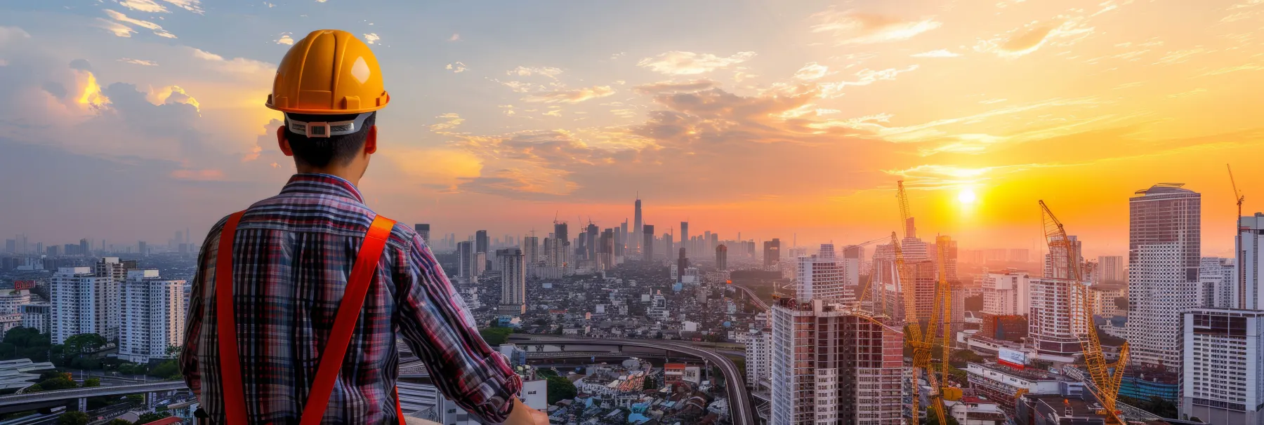 An engineer in a hard hat looks out over a city under construction at sunrise. Cranes rise among the buildings.