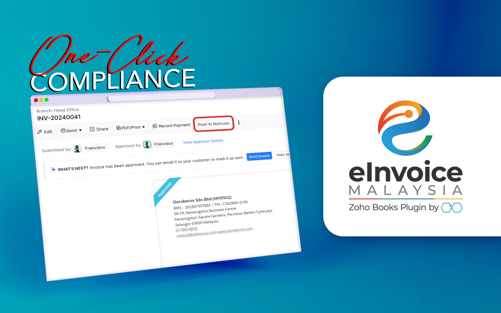 An approved invoice in Zoho Books, showing the Push to MyInvois action — the eInvoice Malaysia plugin by Ooroboros