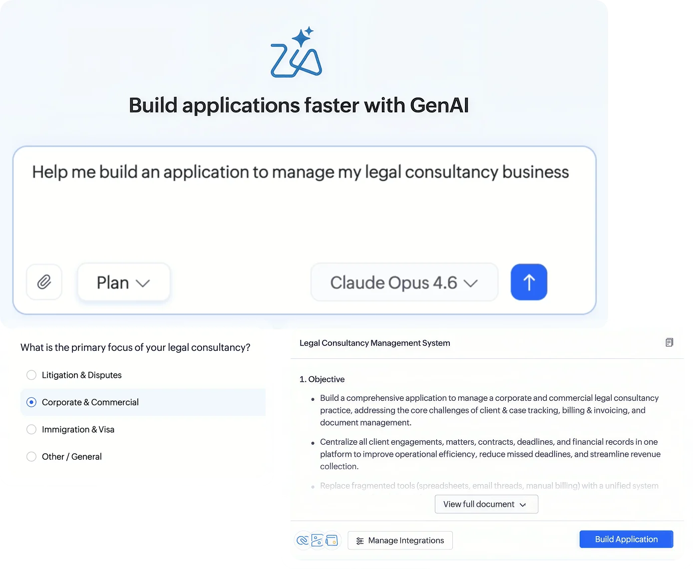 Zoho Creator — describing an application to Zia, which plans it before anything is built