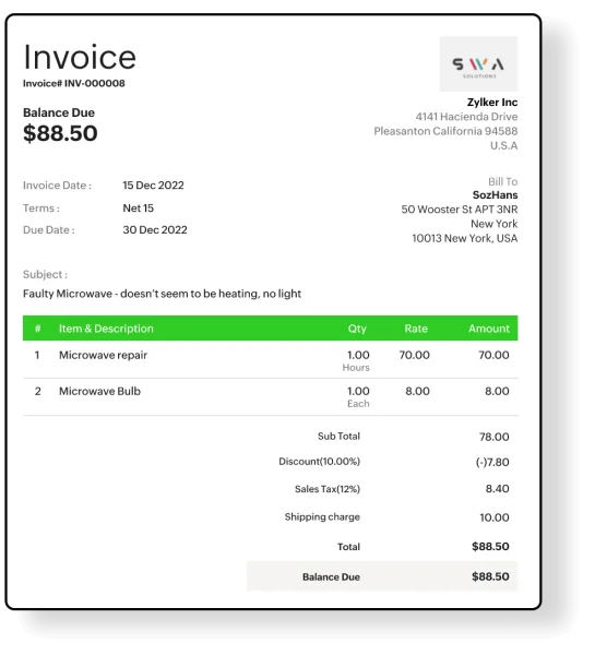 Zoho FSM — an invoice raised from a completed job