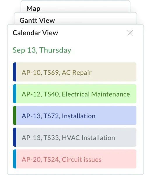 Zoho FSM — calendar, Gantt, and map views of the schedule