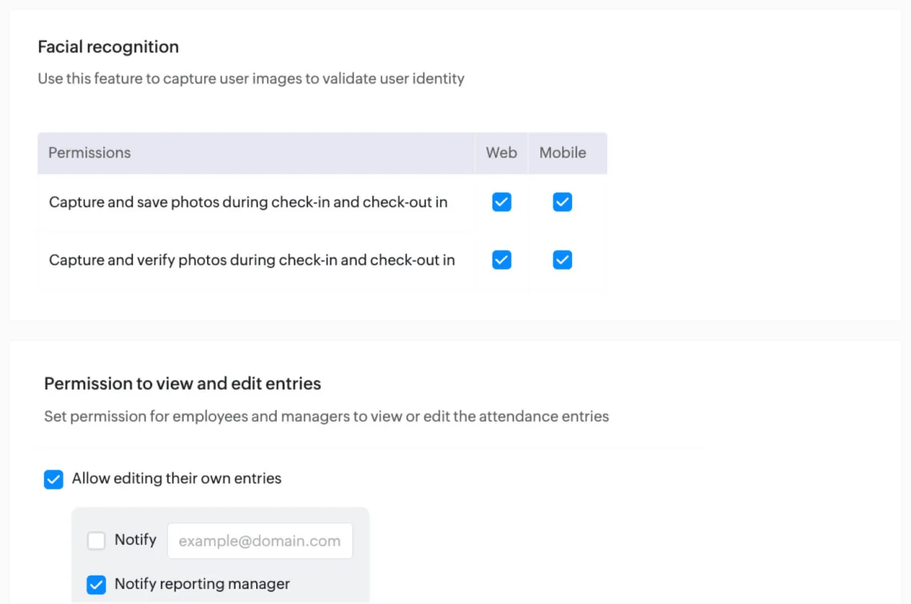 Zoho People — facial recognition at check-in and check-out