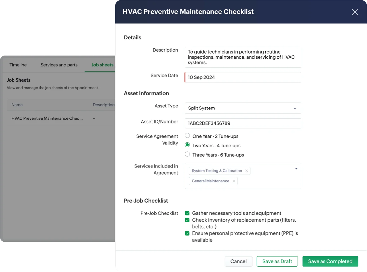 Zoho FSM — a preventive maintenance job sheet on an appointment