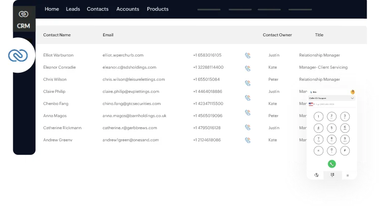 Zoho Voice — the dialer open over a Zoho CRM contact list