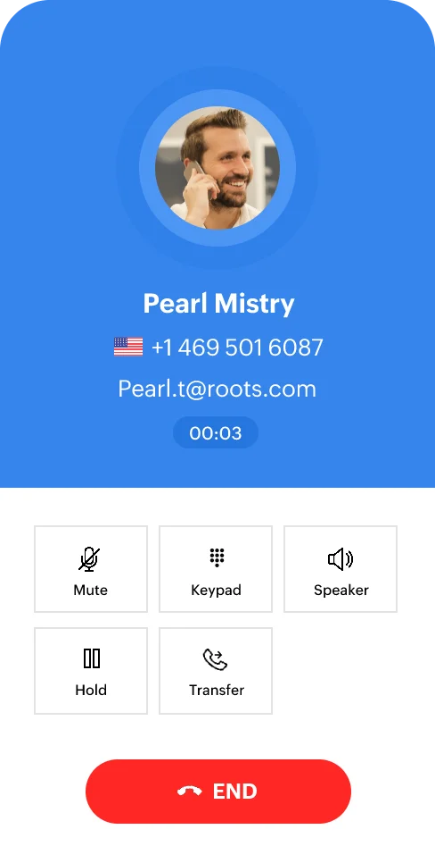 Zoho Voice — a call in progress on the mobile app