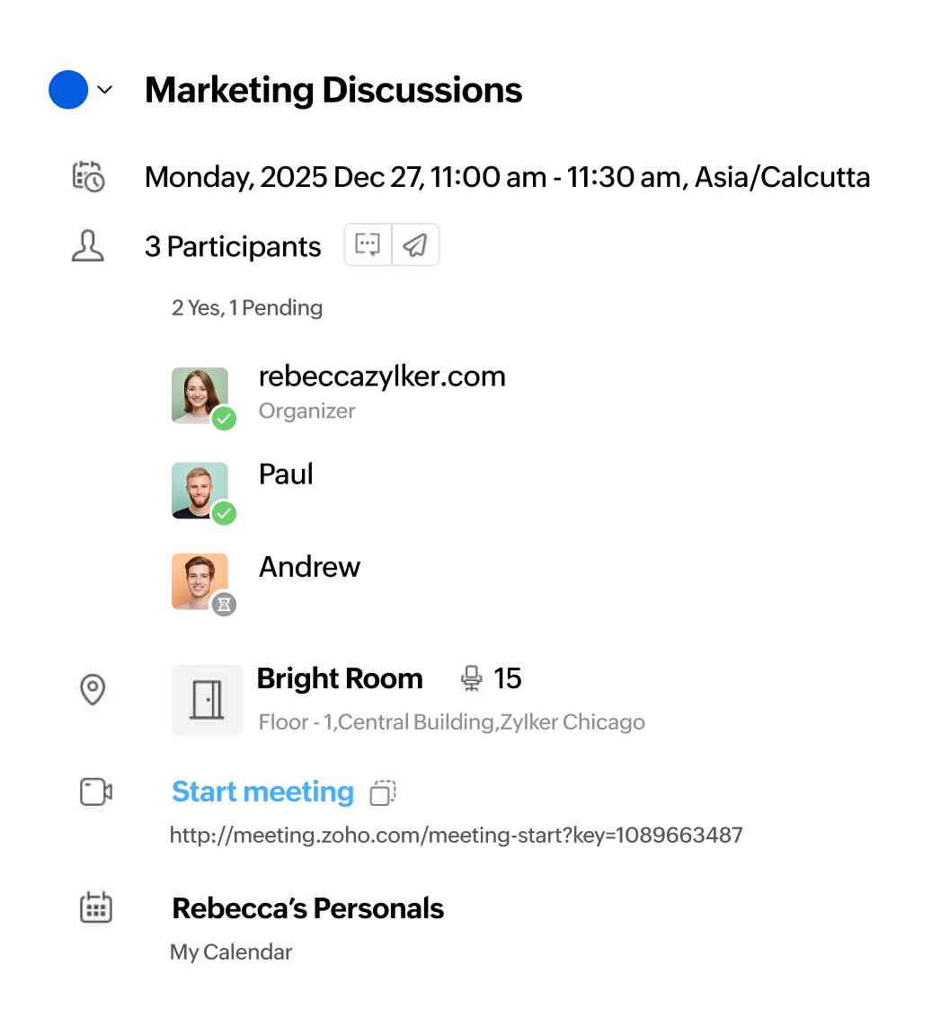 Zoho Calendar — an event with participants and a booked room