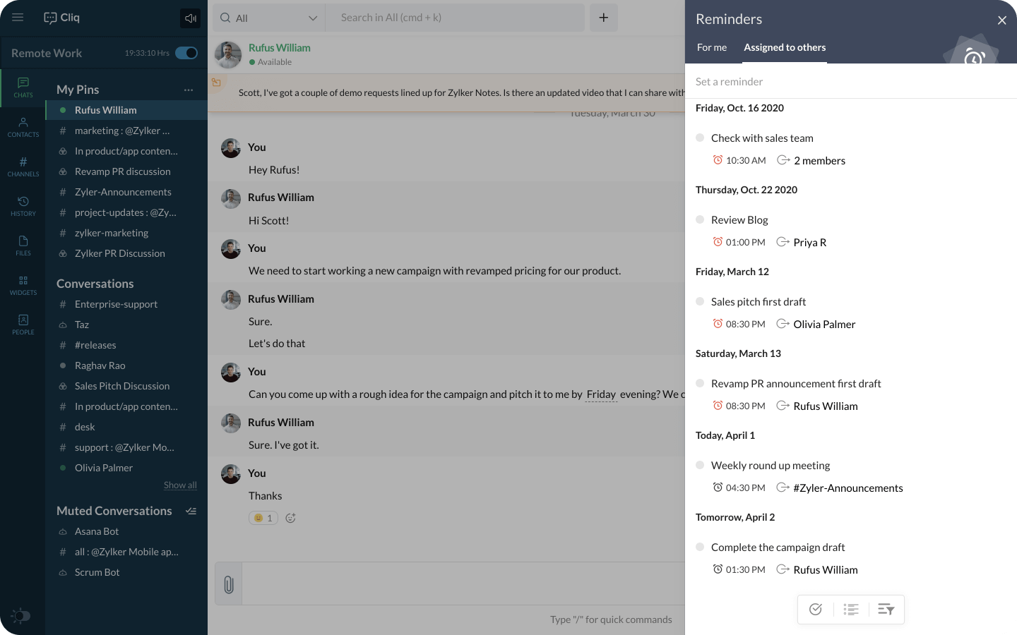 Zoho Cliq — channels, chats, and reminders