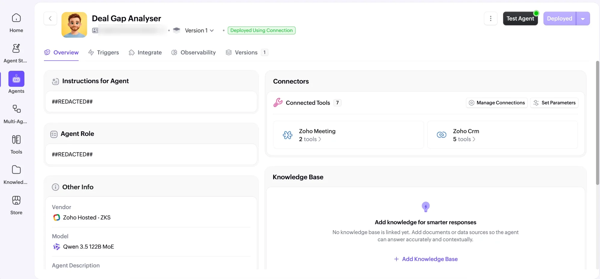 Zia Agents — Deal Gap Analyser, an agent we built and deployed by connection, with seven tools connected across Zoho Meeting and Zoho CRM and its own instructions, role, and model