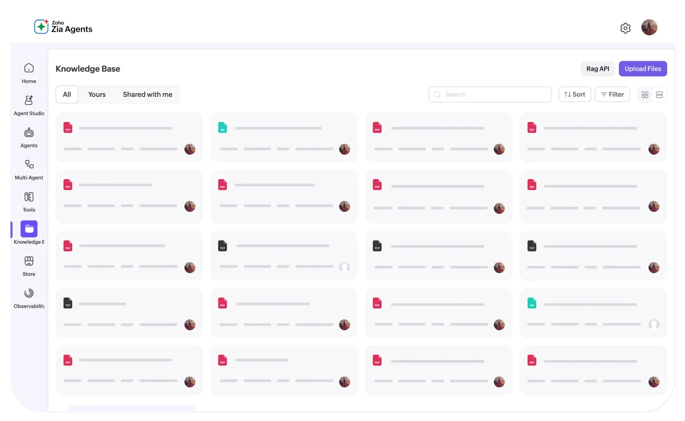Zia Agents — the knowledge base of uploaded documents