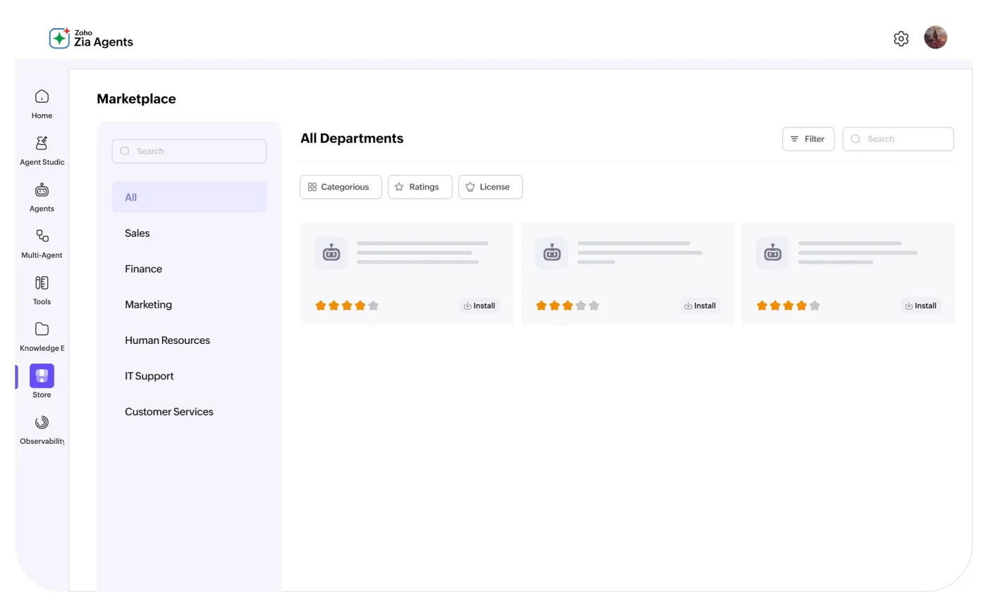 Zia Agents — the Agent Store marketplace, filtered by department