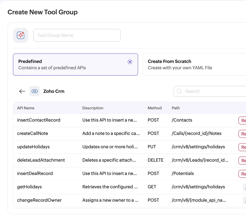 Zia Agents — creating a tool group from predefined Zoho CRM APIs